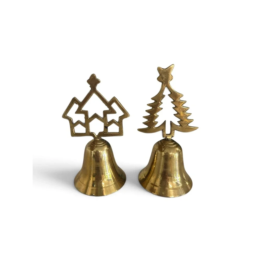 Vintage Solid Brass Christmas Bells Set Church and Tree Made in India Gold 2pc